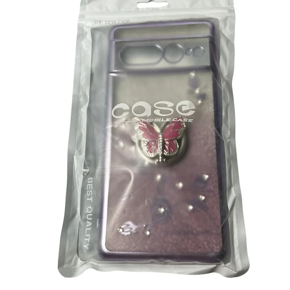 Google Pixel 7 Pro Glitter Butterfly Case w/ Ring Stand & Lanyard Purple